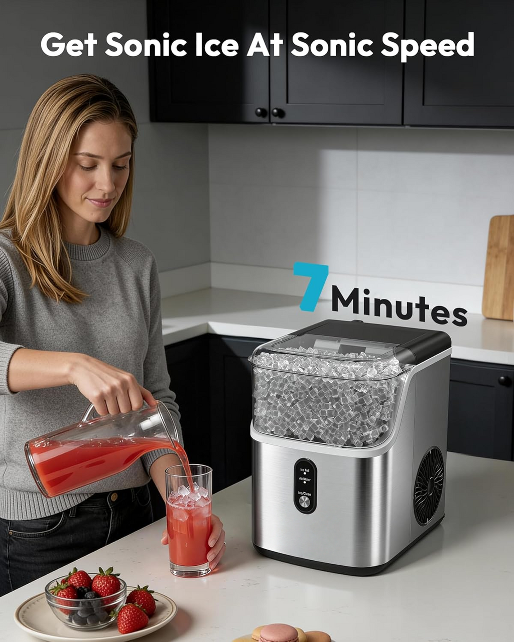 Countertop Nugget Ice Maker, Ready in 7 Mins, 34Lbs/24H Stainless Steel Pebble Pellet Sonic Ice Machine, Self-Cleaning Ice Maker with Ice Scoop & Storage Basket for Home Kitchen