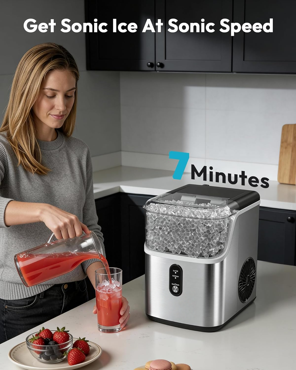 Countertop Nugget Ice Maker, Ready in 7 Mins, 34Lbs/24H Stainless Steel Pebble Pellet Sonic Ice Machine, Self-Cleaning Ice Maker with Ice Scoop & Storage Basket for Home Kitchen