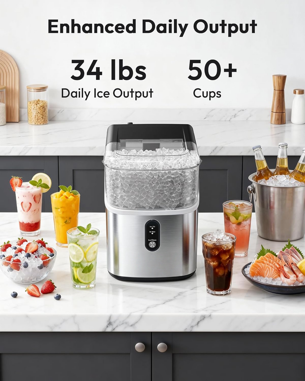 Countertop Nugget Ice Maker, Ready in 7 Mins, 34Lbs/24H Stainless Steel Pebble Pellet Sonic Ice Machine, Self-Cleaning Ice Maker with Ice Scoop & Storage Basket for Home Kitchen