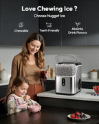 Countertop Nugget Ice Maker, Ready in 7 Mins, 34Lbs/24H Stainless Steel Pebble Pellet Sonic Ice Machine, Self-Cleaning Ice Maker with Ice Scoop & Storage Basket for Home Kitchen