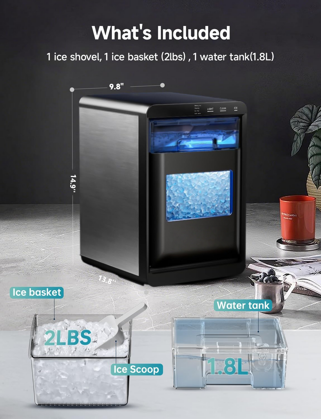 Self-Cleaning Countertop Sonic Nugget Ice Maker | 40Lbs Per Day Pebble Pellet Ice Machine with Scoop & Basket, Perfect for Home & Office