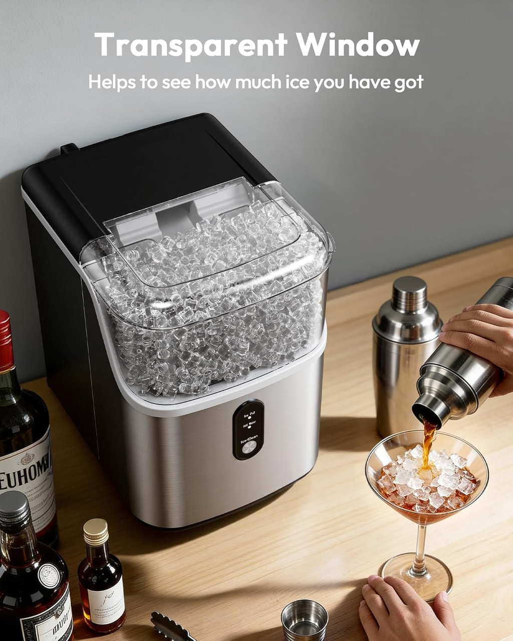 Countertop Nugget Ice Maker, Ready in 7 Mins, 34Lbs/24H Stainless Steel Pebble Pellet Sonic Ice Machine, Self-Cleaning Ice Maker with Ice Scoop & Storage Basket for Home Kitchen